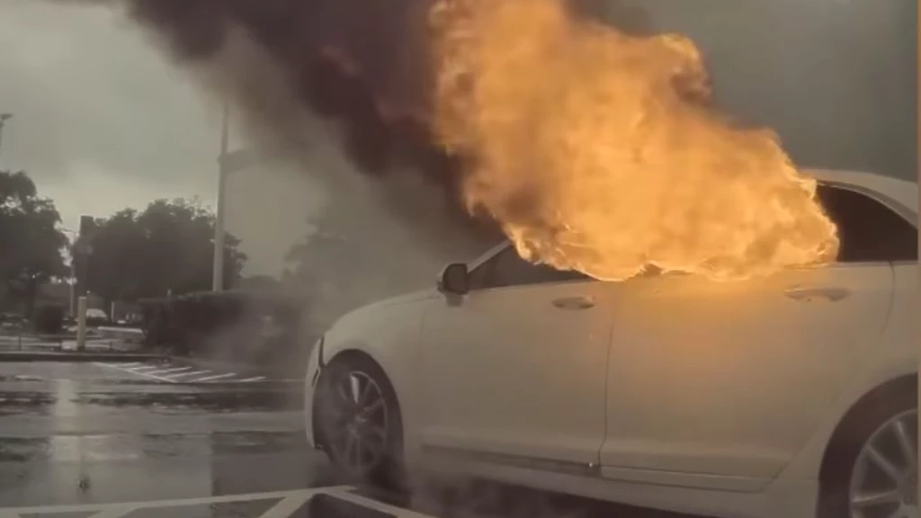 النيران تلتهم سيارة امرأة تركت طفليها بداخلها لتنفيذ عملية سرقة (فيديو)