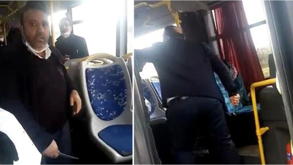 سائق حافلة يهاجم راكبين اثنين بسكين لسبب غير متوقع (فيديو)